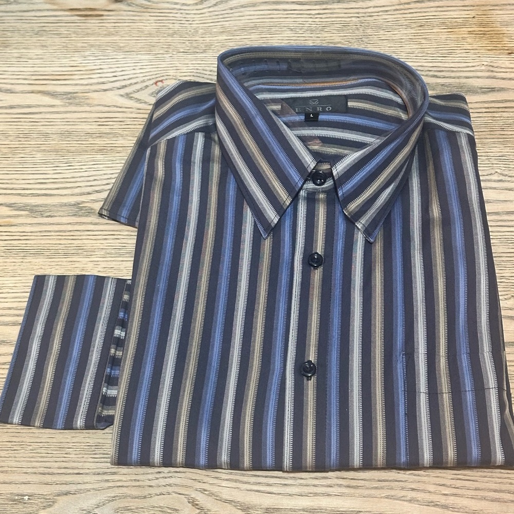 Enro Men’s Dress Regular Size L Cotton Navy Blue Gray Long Sleeve Shirt